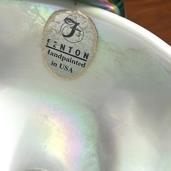 Fenton Mini Basket White 4.5" Iridescent Peacock Tail Floral Signed QVC 2001 - Picture 11 of 11